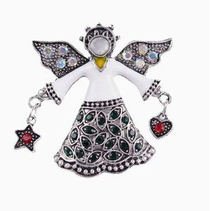 Angel Brooch Pin With Green & Red Crystal Accents Silver Tone